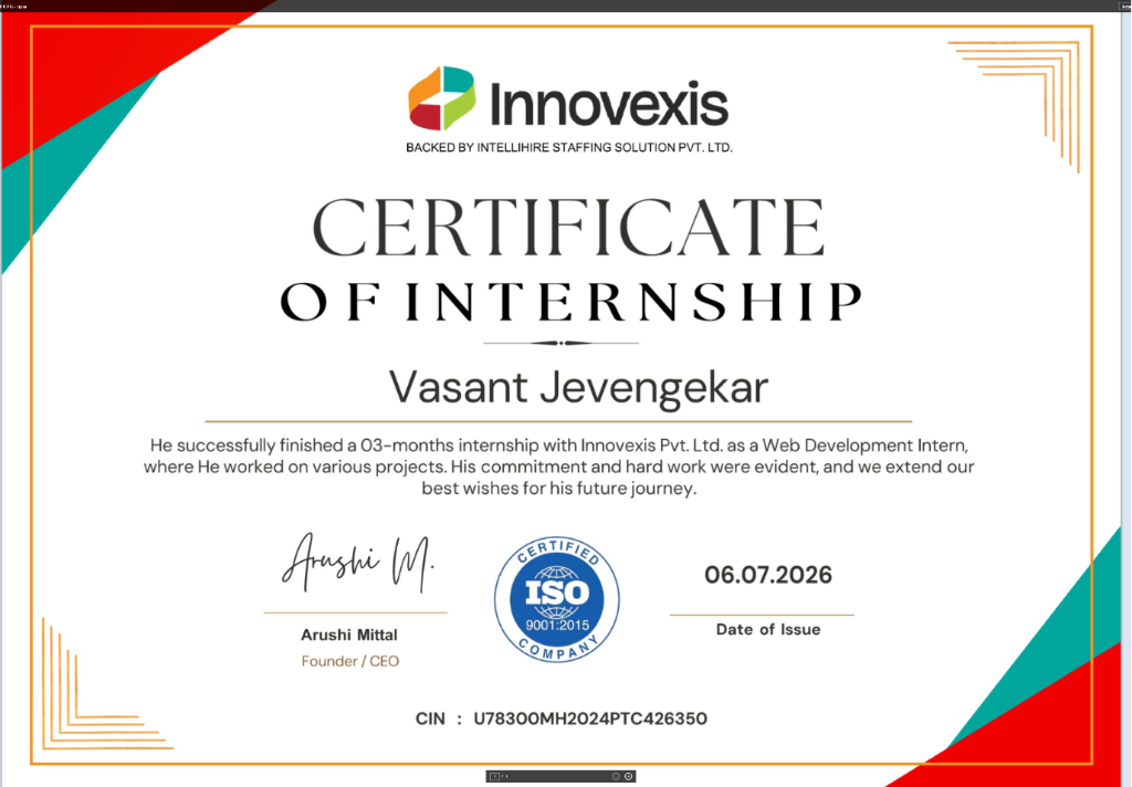 INNOVEXIS Internship Certificate